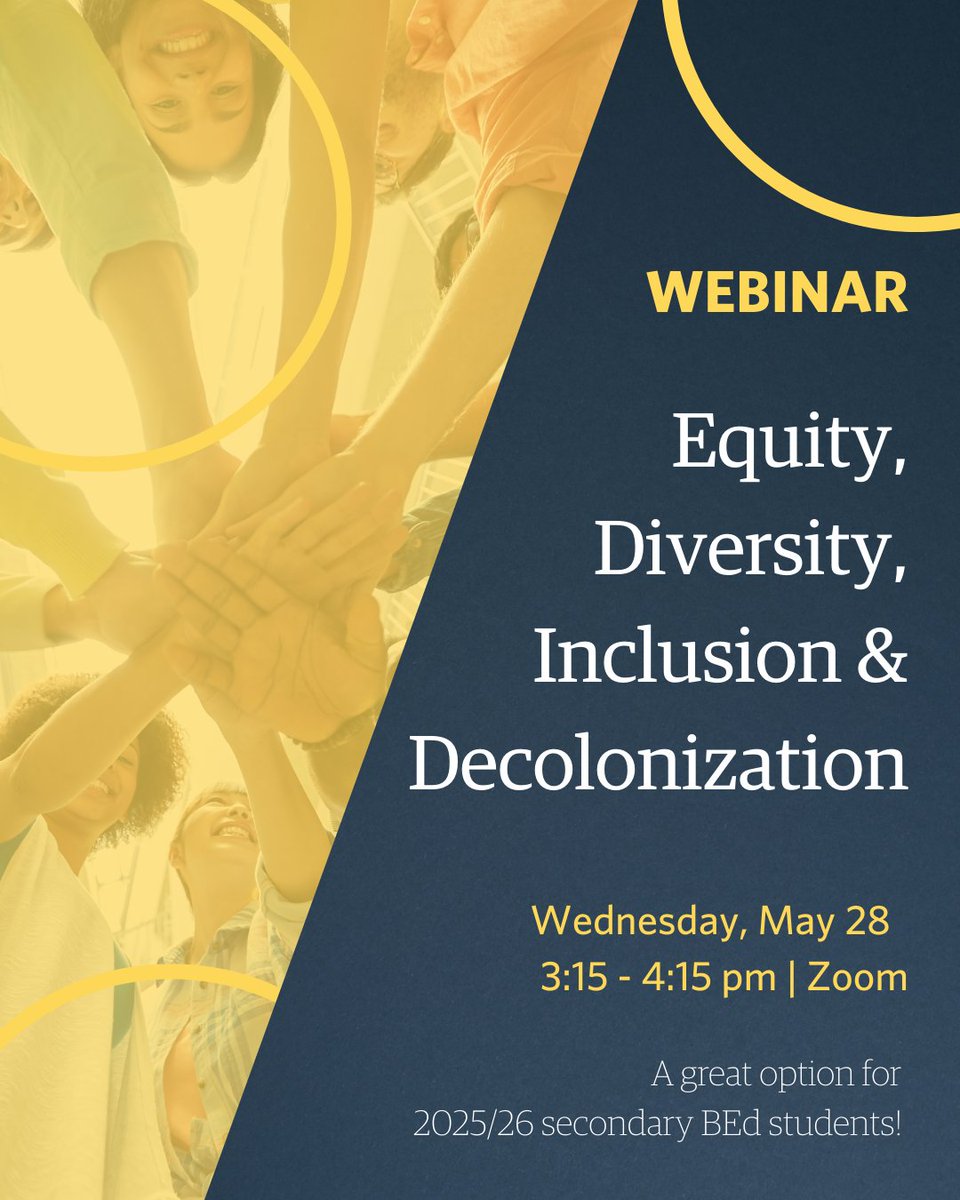 ✨ Interested in turning EDID theory into real classroom practice?

The Equity, Diversity, Inclusion &amp; Decolonization (EDID) Secondary option is a unique opportunity for Secondary teacher candidates admitted to the 2025/26 intake. Webinar details land in your inbox May 20!