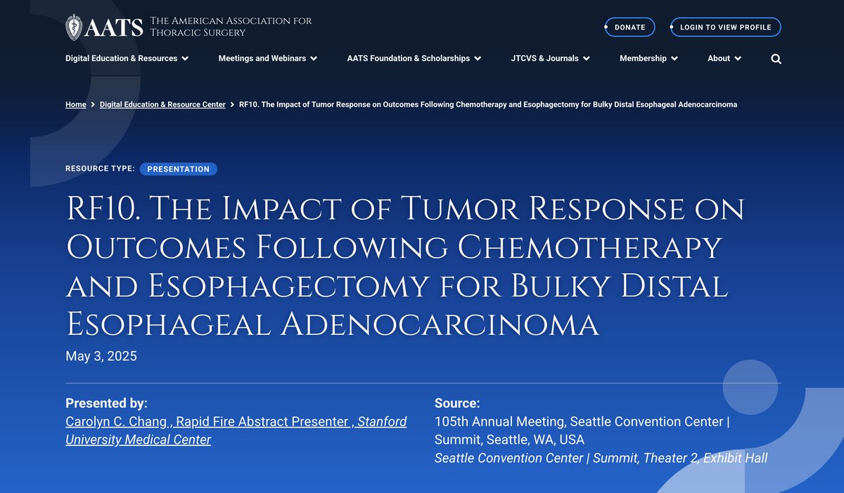 Wrapping up recent attendance <a href="/AATSHQ/">AATS</a> #AATS2025!😃<a href="/carolynchang_MD/">Carolyn C. Chang MD</a>, a general surgery resident from OHSU &amp; research trainee in our division, presented on how tumor characteristics impacts outcomes after induction therapy &amp; surgery for esophageal cancer. Way to go! (PC Mark Berry)