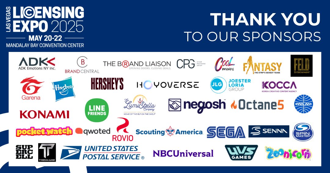 🙏 Thank you to our amazing sponsors of Licensing Expo 2025! Your support makes it possible to bring the global licensing community together. We couldn't do it without you! #LicensingExpo2025 #Licensing