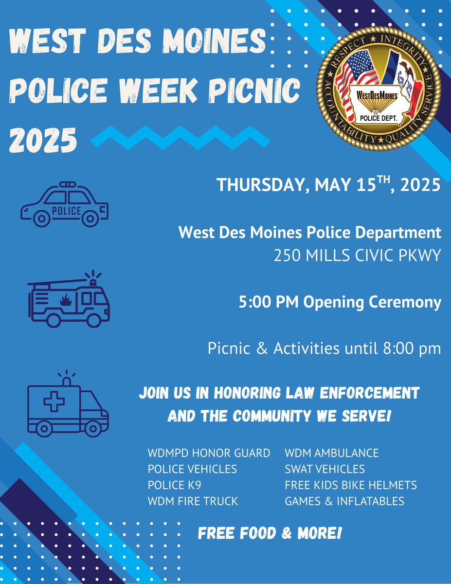 Stop by tomorrow 5/15 between 5 and 8 PM to honor law enforcement and the community we serve. The opening ceremony will start at 5 PM with a picnic and family friendly activities to follow. We hope to see you there!