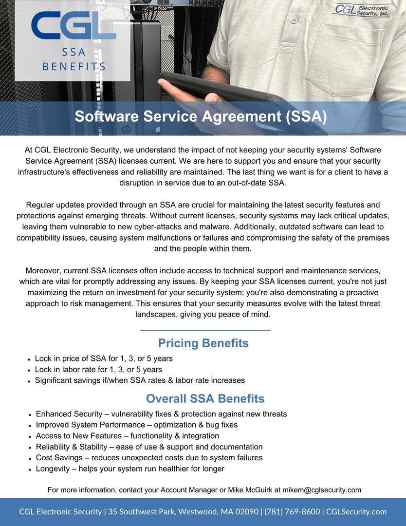 At CGL Electronic Security, we know how important it is to keep your security systems up to date. An expired Software Service Agreement (SSA) can cause big problems, like system failures or gaps in protection. Nobody wants that.

#Security #securitysolutions #CGL