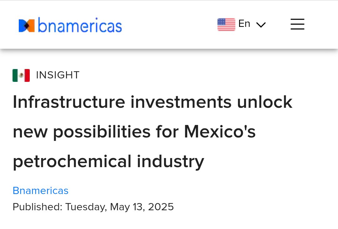 Adrian Duhalt (@adrianduhalt) on Twitter photo "Infrastructure investments unlock new posibilities for Mexico's #petrochemical industry"
Thanks to <a href="/bnamericas/">BNamericas</a>' #MarkBeresford for including my comments in this article 👇🏻
bnamericas.com/en/features/in… "Infrastructure investments unlock new posibilities for Mexico's #petrochemical industry"
Thanks to <a href="/bnamericas/">BNamericas</a>' #MarkBeresford for including my comments in this article 👇🏻
bnamericas.com/en/features/in…