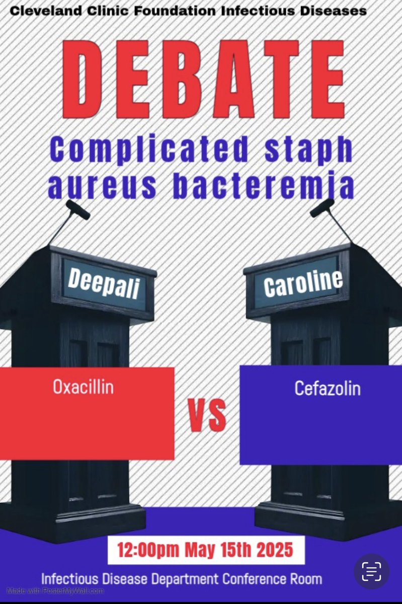 Coming up tomorrow : A high-stakes debate on complicated Staph aureus bacteremia!
Deepali (Team Oxacillin) vs Caroline (Team Cefazolin)
May 15 | 12 PM | ID Conference Room

We want to hear from you—which side are you on and why?

#IDTwitter #MedTwitter