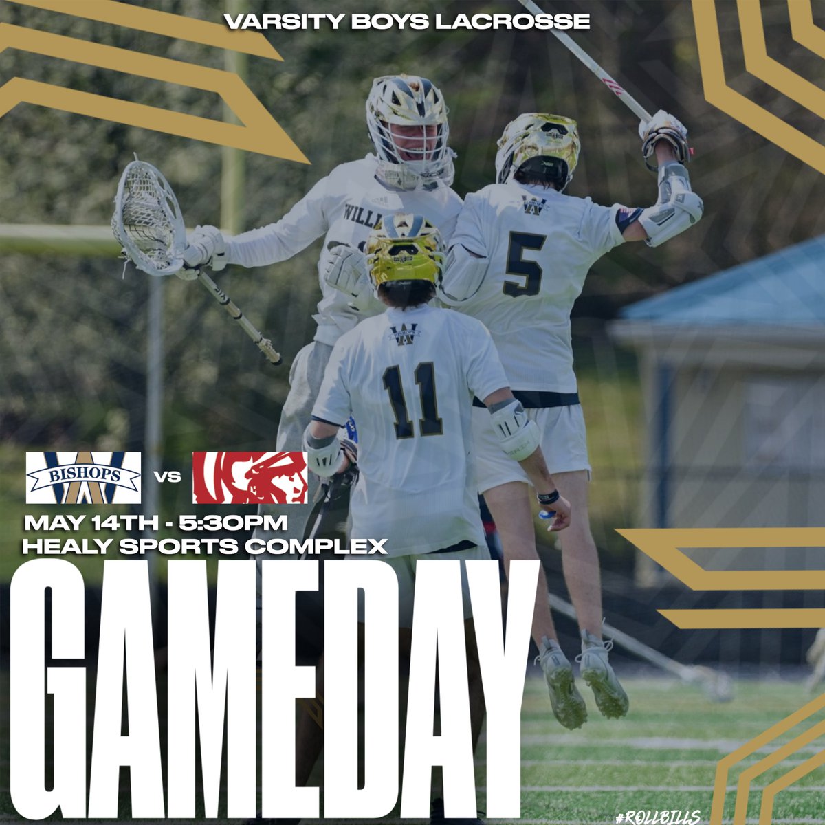 BOYS LACROSSE: The Bishops host the Spartans tonight at the Healy Sports complex for senior night! JV starts at 4 followed by Varsity at 5:30! Senior celebrations will be held at 5pm! #rollbills