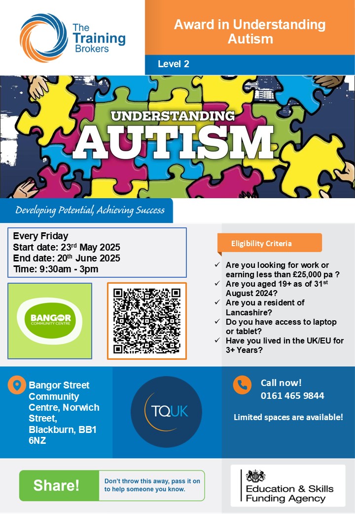 A course ‘Understanding Autism’ is taking place at Bangor Street.

The course begins on Friday May 23 and runs weekly until June 20 and there are limited spaces. Call 0161 465 9844 to book your place.