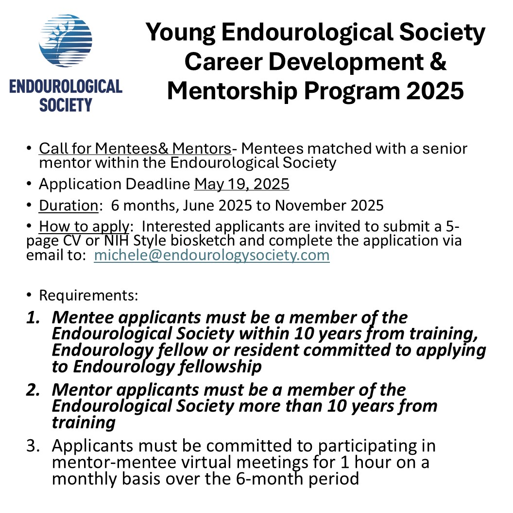 Endourological Society (@endo_society) on Twitter photo Seeking mentors and mentees!
<a href="/young_endosoc/">Young Endo Society</a> Committee is pleased to launch the Career Development and Mentorship Program to encourage professional growth and collaboration between early career mentees and mid- to late-career mentors.
Apply by May 19: endourology.org/education/youn… Seeking mentors and mentees!
<a href="/young_endosoc/">Young Endo Society</a> Committee is pleased to launch the Career Development and Mentorship Program to encourage professional growth and collaboration between early career mentees and mid- to late-career mentors.
Apply by May 19: endourology.org/education/youn…