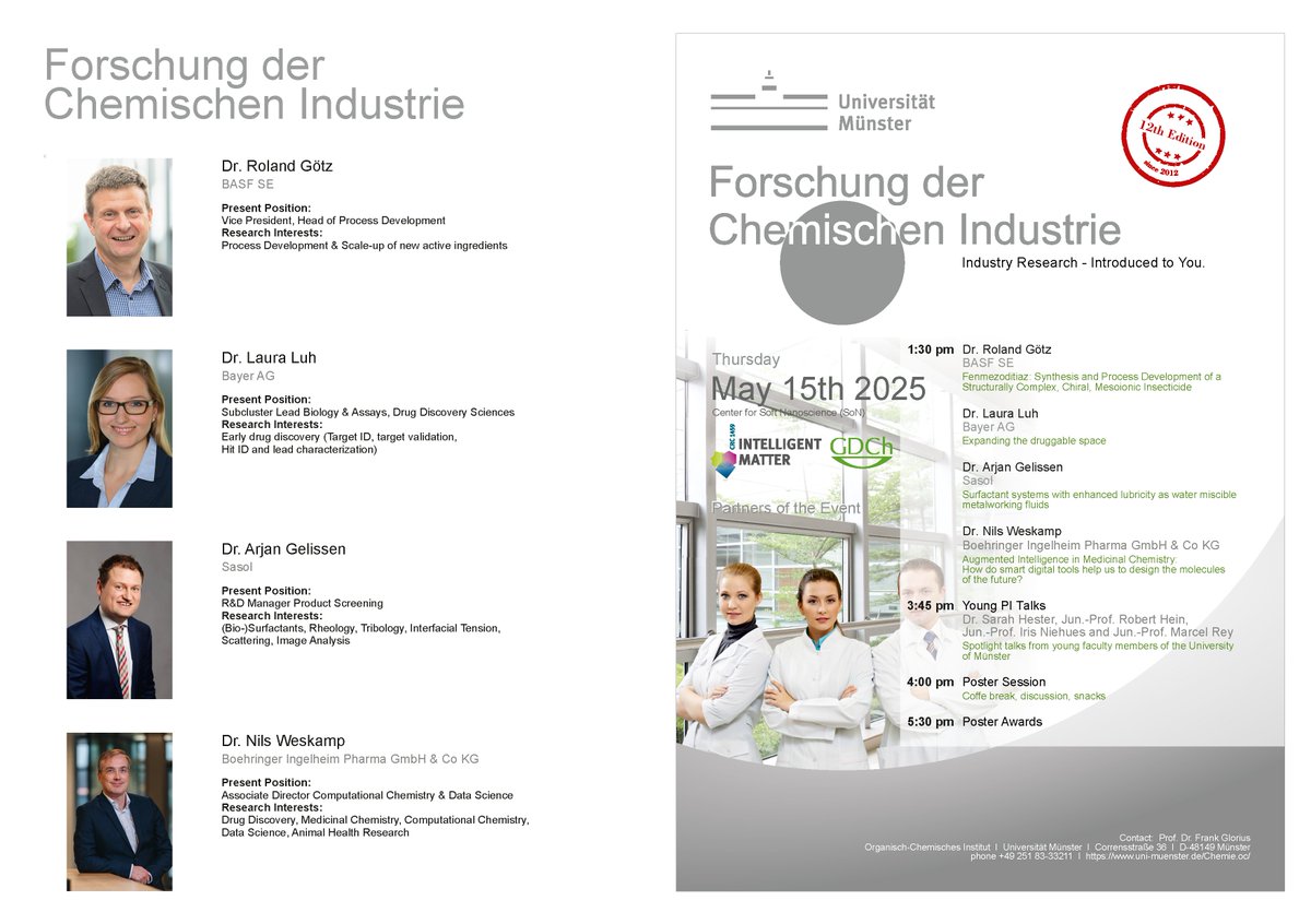 Glorius Group (@gloriusgroup) on Twitter photo 🚀 Our Research in the Chemical Industry symposium (FoChIn) kicks off tomorrow at <a href="/uni_muenster/">Universität Münster</a>
Here, academia meets industry with top researchers from BASF, Bayer, Boehringer Ingelheim & Sasol. Expect key insights, early-career spotlights & 25 posters!💡🧪
#ScientificExchange 🚀 Our Research in the Chemical Industry symposium (FoChIn) kicks off tomorrow at <a href="/uni_muenster/">Universität Münster</a>
Here, academia meets industry with top researchers from BASF, Bayer, Boehringer Ingelheim & Sasol. Expect key insights, early-career spotlights & 25 posters!💡🧪
#ScientificExchange