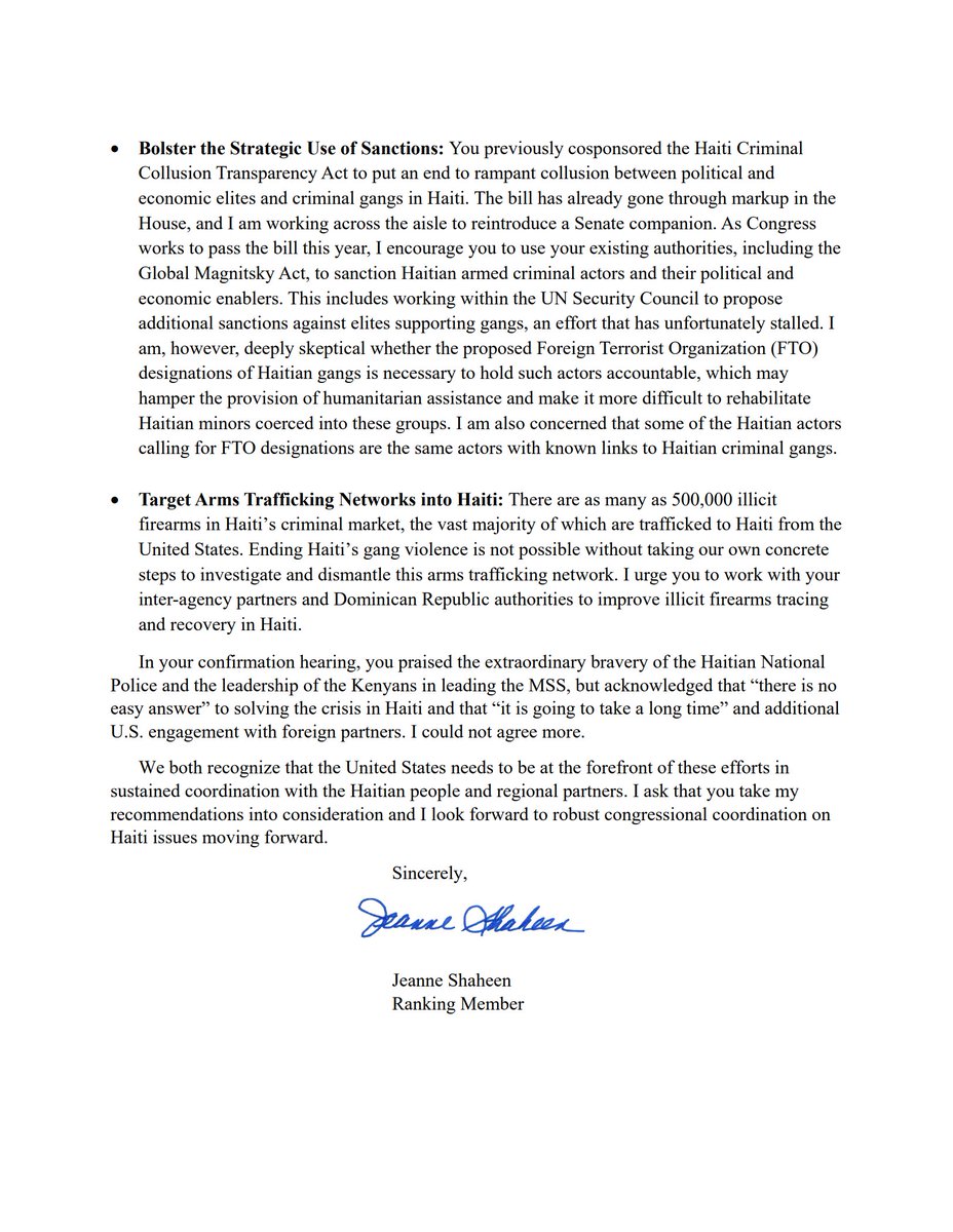 Senate Foreign Relations Committee (@sfrcdems) on Twitter photo "Absent strong U.S. leadership, Haiti is on the path to becoming a failed state overrun by armed criminal groups," wrote <a href="/SenatorShaheen/">Sen. Jeanne Shaheen</a>.
Read her full letter to <a href="/SecRubio/">Secretary Marco Rubio</a> urging U.S. leadership in the region & offering recommendations for U.S.-Haiti policy moving forward ⬇️ "Absent strong U.S. leadership, Haiti is on the path to becoming a failed state overrun by armed criminal groups," wrote <a href="/SenatorShaheen/">Sen. Jeanne Shaheen</a>.
Read her full letter to <a href="/SecRubio/">Secretary Marco Rubio</a> urging U.S. leadership in the region & offering recommendations for U.S.-Haiti policy moving forward ⬇️