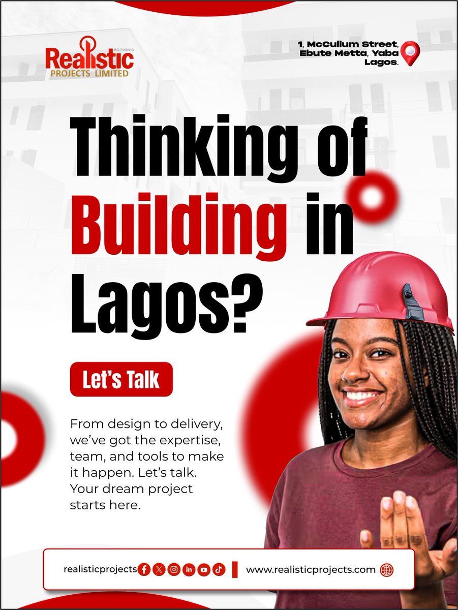 Realisticproj's tweet image. 🏗️ From design to delivery, Realistic Projects Limited offers expert planning, structural integrity, and peace of mind. Let’s talk today your dream project starts here!
📍 Yaba, Lagos
🔗 realisticprojects.com
#BuildInLagos #RealisticProjects #ConstructionNigeria #NaijaNowNow