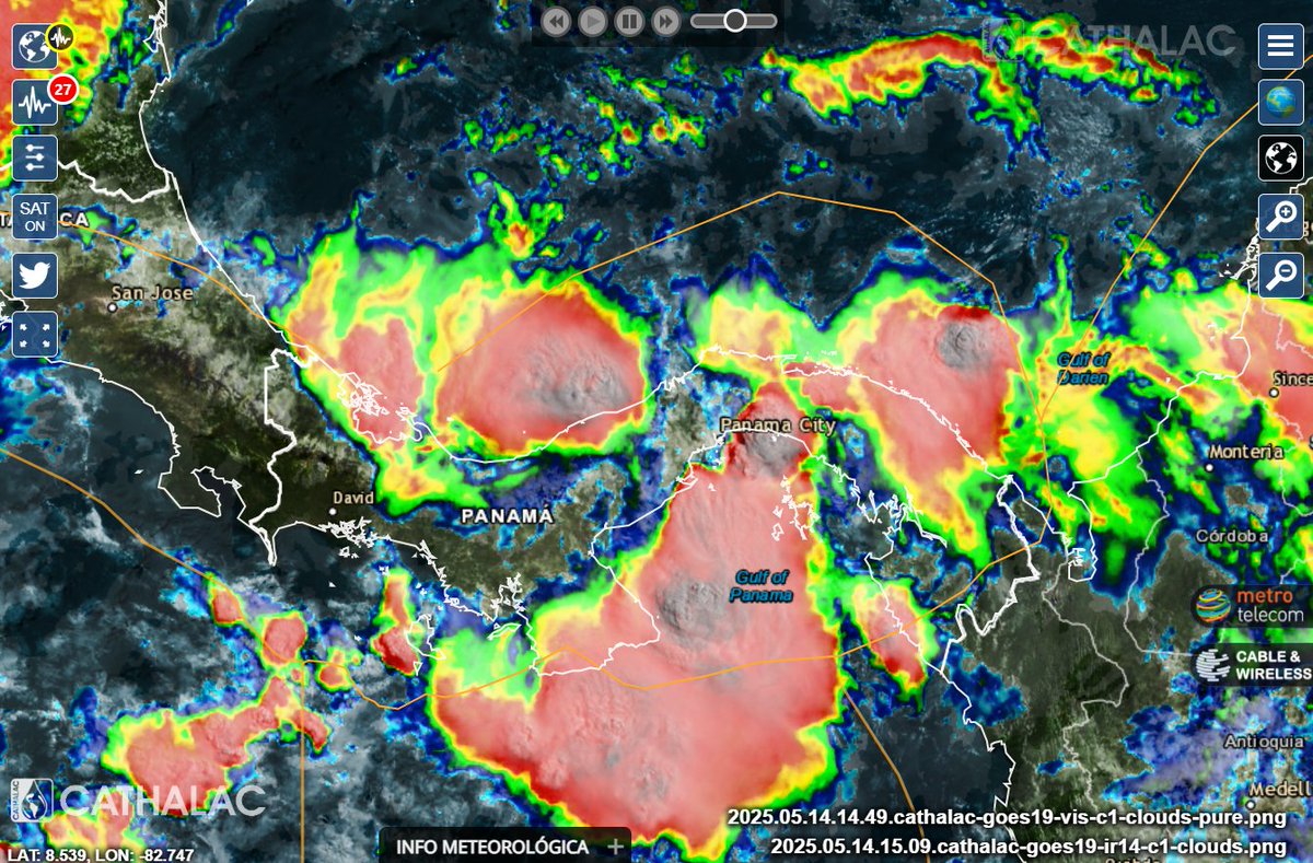 Imágenes de satélite GOES19 actualizadas para Panamá hoy 14 de mayo a las 10 a.m hora local. Canales infrarrojo y compuesto con visible