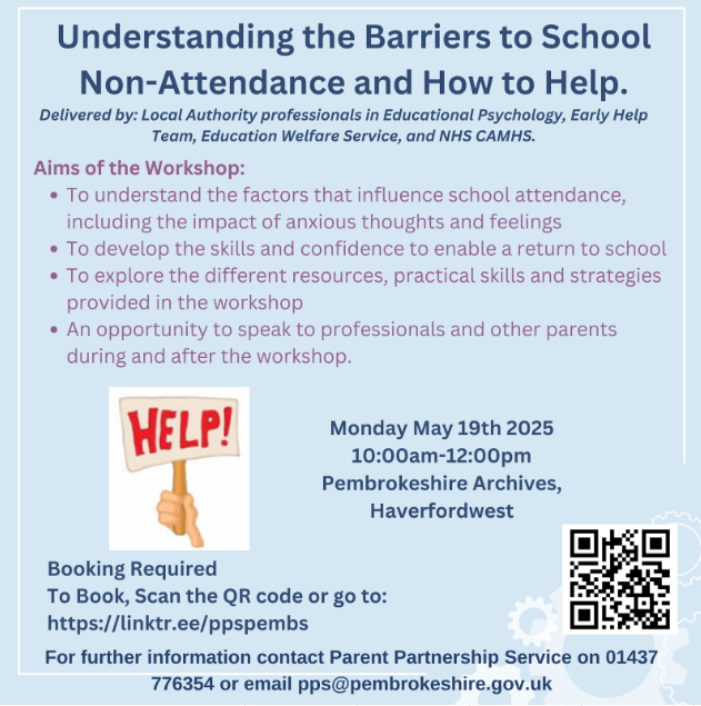 Cefnogaeth - Sharing information about the next workshop being run by the Parent Partnership Service on Monday 19th May from 10:00 am - 12:00pm at the Pembrokeshire Archives. Booking is required! Please scan the QR code. Diolch!