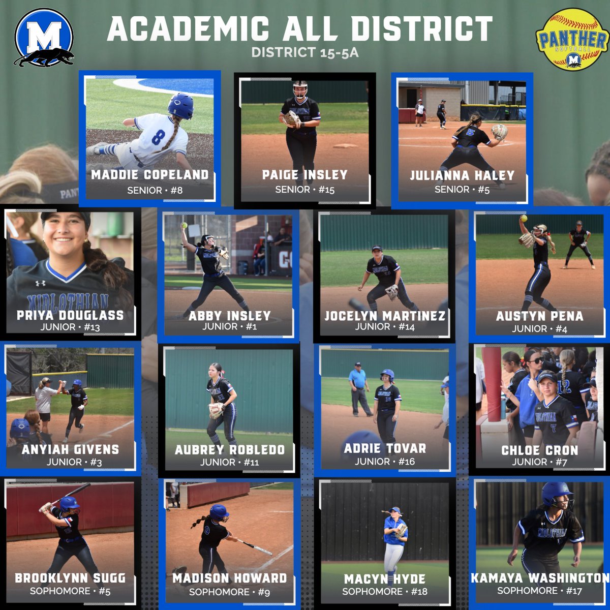 Absolutely proud of our District 15-5A Academic All District Selections!! Definitely STUDENT-Athletes!!