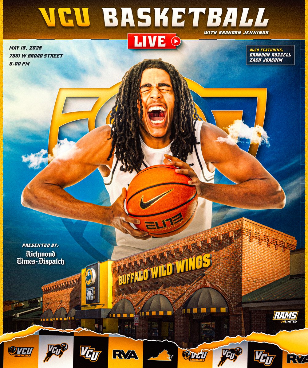 ramsunlimited (@vcusportsprop) on Twitter photo Ram Nation, join us tomorrow night at Buffalo Wild Wings for a brand new edition of VCU Basketball Live, presented by <a href="/RTDNEWS/">Richmond Times-Dispatch</a>!
Special guests include Brandon Jennings, Brandon Rozzell, and Zach Joachim! π€π
ποΈ May 15, 2025
π 7801 W Broad Street
β° 6:00 PM Ram Nation, join us tomorrow night at Buffalo Wild Wings for a brand new edition of VCU Basketball Live, presented by <a href="/RTDNEWS/">Richmond Times-Dispatch</a>!
Special guests include Brandon Jennings, Brandon Rozzell, and Zach Joachim! π€π
ποΈ May 15, 2025
π 7801 W Broad Street
β° 6:00 PM