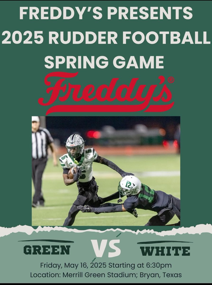 Friday night Spring Game!! Tickets will be sold thru football players for $5 pregame - which ever team sells the most tickets get 3 pts to start the game. Tickets will sell at gate for $7, online $9.  All proceeds go to the Rudder Football program. Get your tickets early.