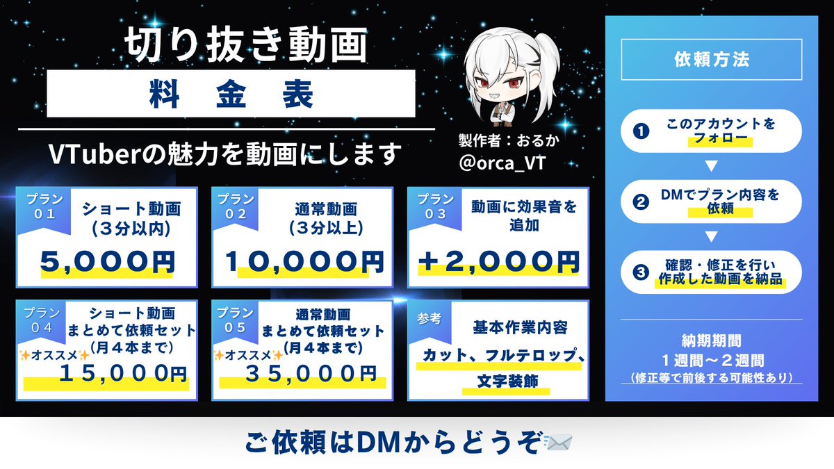 orca_VT's tweet image. 【✨VTuberの魅力を動画にします✨】

自分の魅力を伝えたい‼
推しの魅力を広めたい‼
そんなあなたのために
その魅力を動画にします🎞✂

切り抜き動画の強みは
・短時間で見れて広めやすく
・魅力が伝わりやすいこと

ぜひ自分だけの動画を
作ってみませんか？

ご相談はお気軽に
リプ又はDMまで📨