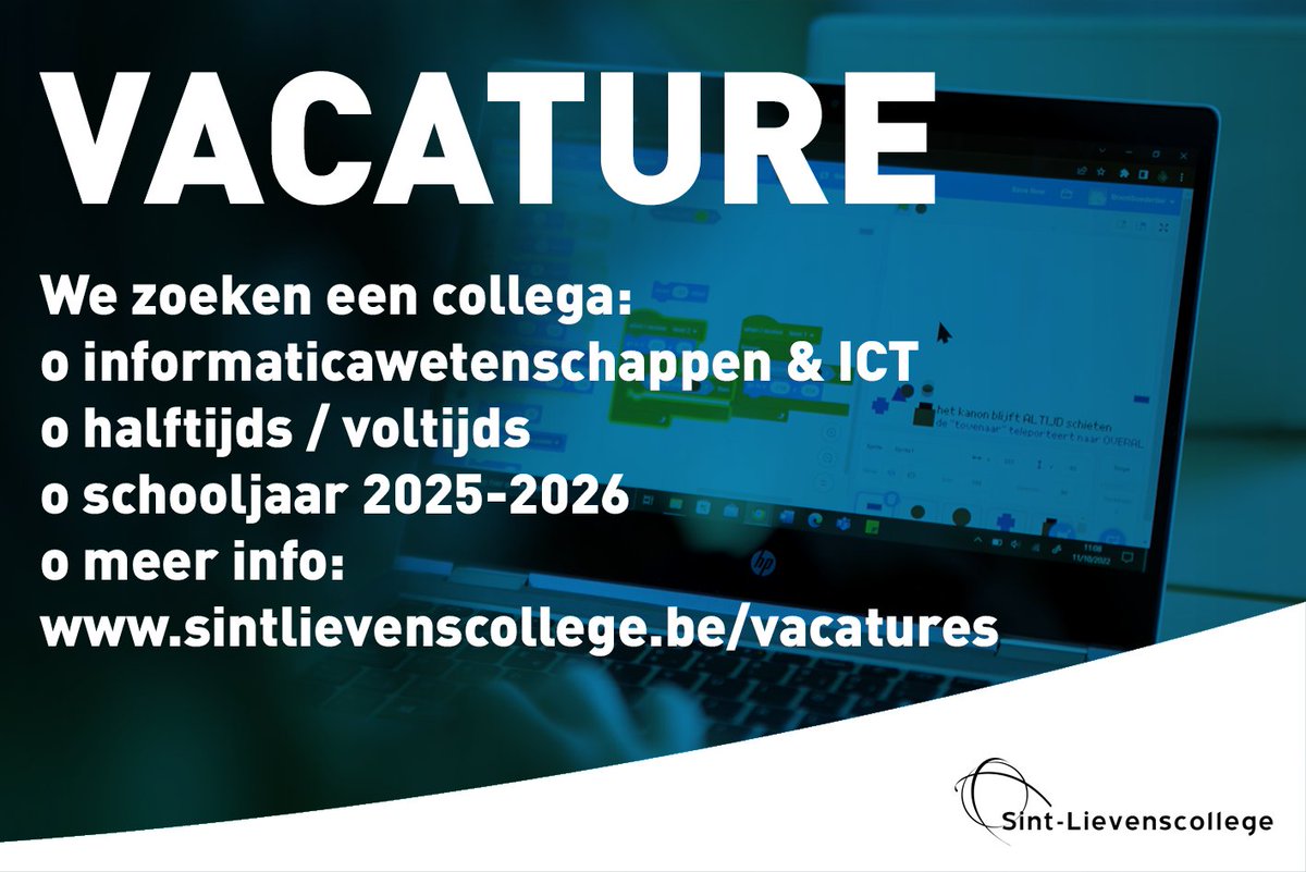 Bij het leggen van onze puzzel voor volgend schooljaar kijken we naar vakinhoud, ons schoolteam en onze vakgroep. En net daar valt er nu een gat.
Ik zoek dus een gepassioneerde collega informaticawetenschappen!
sintlievenscollege.be/vacatures