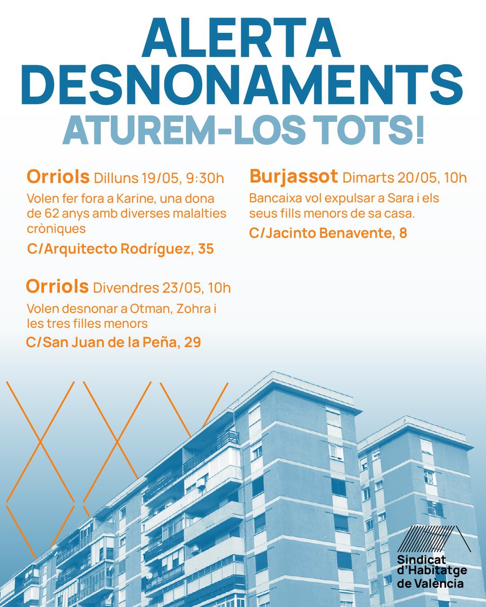 🚨ALERTA DESNONAMENS🚨

La setmana que ve ens enfrontem a tres desnonaments diferents. Ni la moratòria, ni l’escut social ni les promeses socialdemòcrates evitaran que ens expulsen de les nostres cases.

Enfortim les eines sindicals per a fer-los front. Apunteu les dates ‼️
