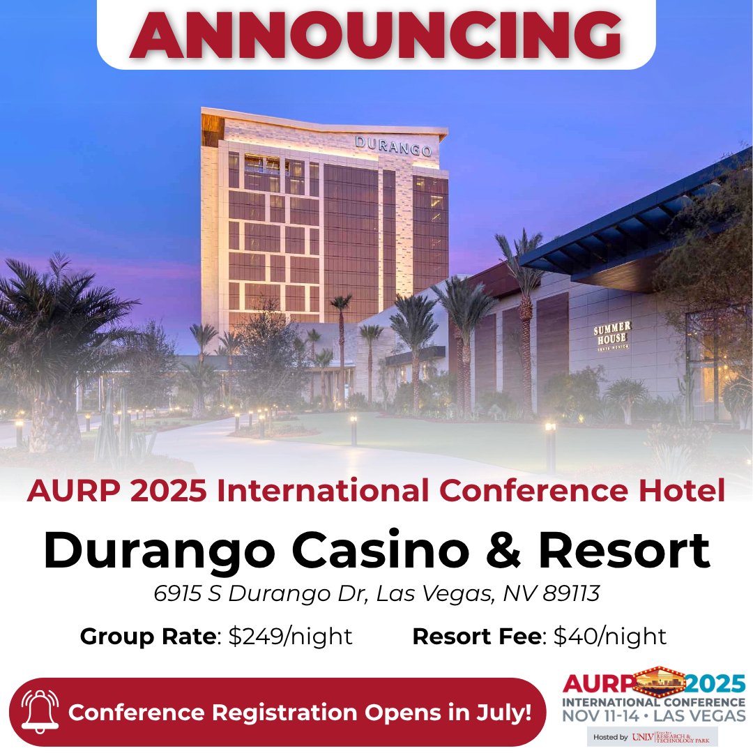 AURP (@aurp) on Twitter photo With summer coming soon, it's a good time to register and get your travel set for #AURP2025 Int'l Conference (11/11-14), hosted by @UNLV! We're thrilled Durango Casino & Resort <a href="/durangoresortlv/">Durango Casino & Resort</a> is our conference hotel. Book your room now! bit.ly/47mSWEM #ResearchParks With summer coming soon, it's a good time to register and get your travel set for #AURP2025 Int'l Conference (11/11-14), hosted by @UNLV! We're thrilled Durango Casino & Resort <a href="/durangoresortlv/">Durango Casino & Resort</a> is our conference hotel. Book your room now! bit.ly/47mSWEM #ResearchParks