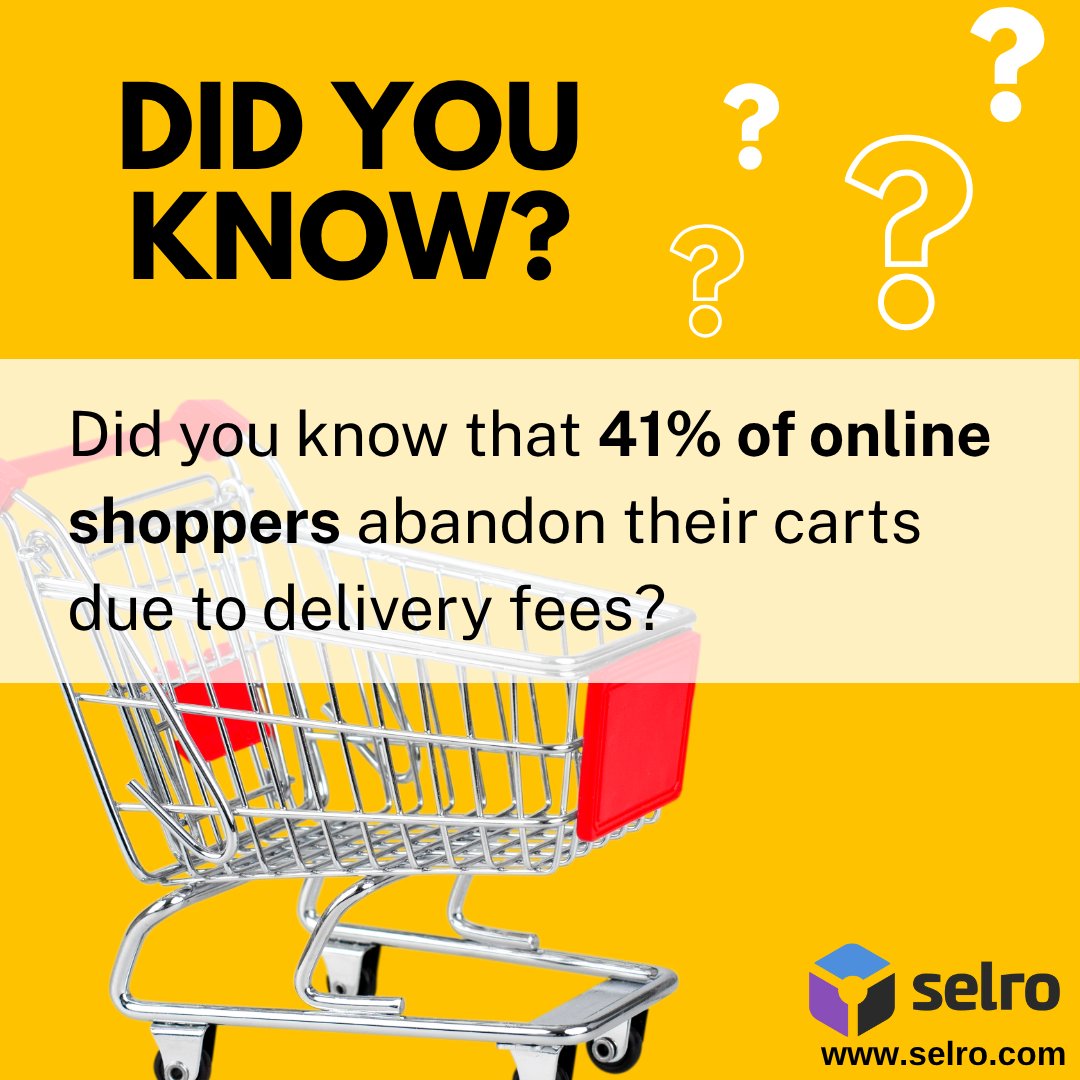 🚨 41% of online shoppers abandon their carts due to delivery fees.
(Source: DHL eCommerce dhl.com/content/dam/dh…)
💡 Tip: Offer competitive shipping or free delivery thresholds to reduce cart abandonment.
#ecommerce #shoppingcart #selro #shippingtips