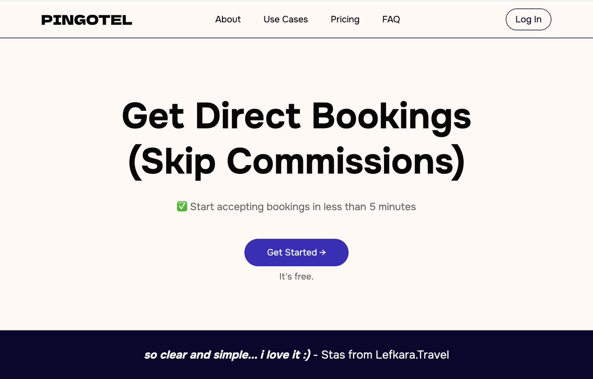 A pivot 5 weeks after launch:

From "Gumroad for hospitality" to "Linktree for hospitality"

Our users share Pingotel's booking links on WhatsApp, add them to Instagram bio, or their scrapy landing page built with <a href="/carrd/">Carrd</a> 

So we embraced it - instead of pitching "a simple booking