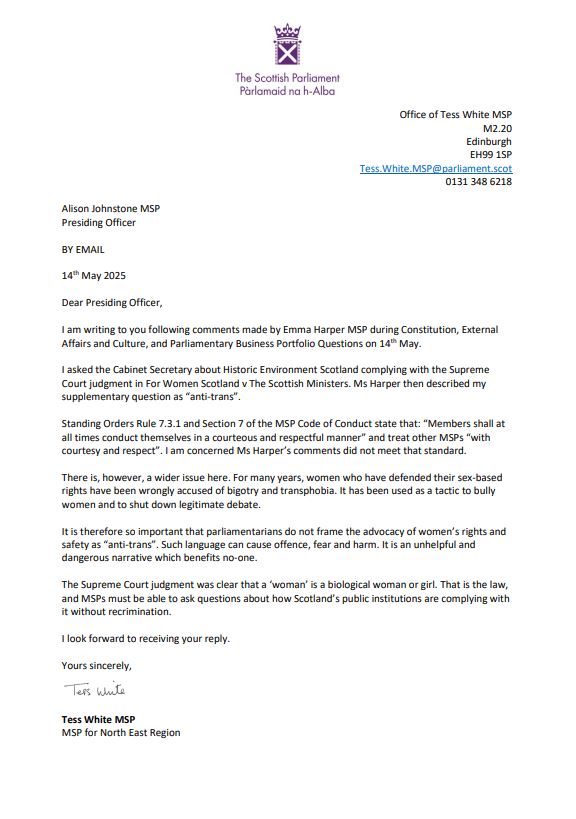Tess White MSP (@tesswhite4ne) on Twitter photo I have written to the Presiding Officer after Emma Harper MSP called my question about the implementation of the Supreme Court ruling "anti-trans".
<a href="/ScotParl/">Scottish Parliament</a> cannot be seen to tolerate such language when it has been used to bully women & stifle debate about sex-based rights 👇 I have written to the Presiding Officer after Emma Harper MSP called my question about the implementation of the Supreme Court ruling "anti-trans".
<a href="/ScotParl/">Scottish Parliament</a> cannot be seen to tolerate such language when it has been used to bully women & stifle debate about sex-based rights 👇