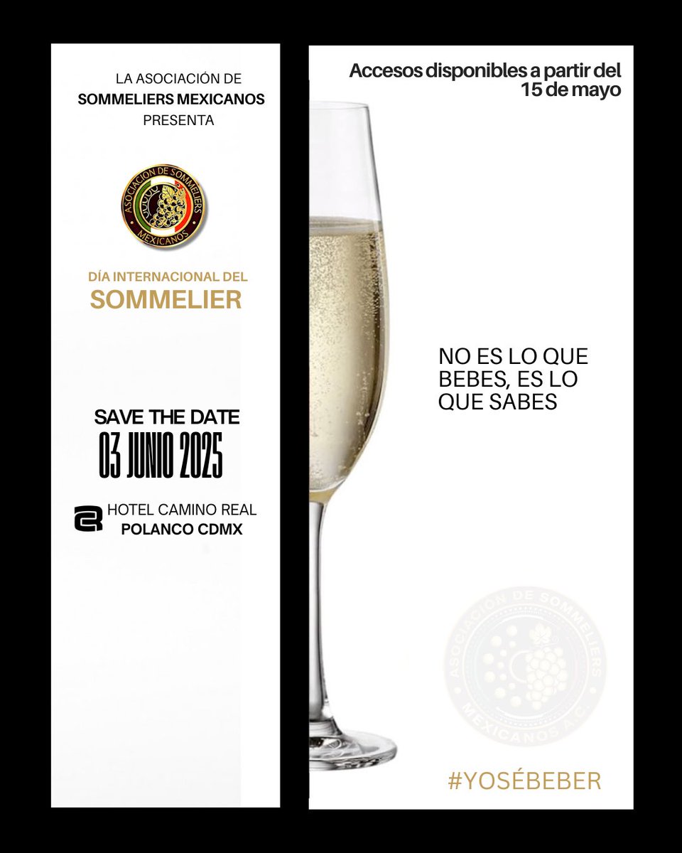 La Asociación de Sommeliers Mexicanos te invita a vivir una jornada única llena de conocimiento y vinculación con referentes de la industria.

🗓️ 03 de junio de 2025
 🏨 Hotel Camino Real, Polanco CDMX
 🎟️ Accesos disponibles a partir del 15 de mayo

#YoSéBeber #SoySommelier