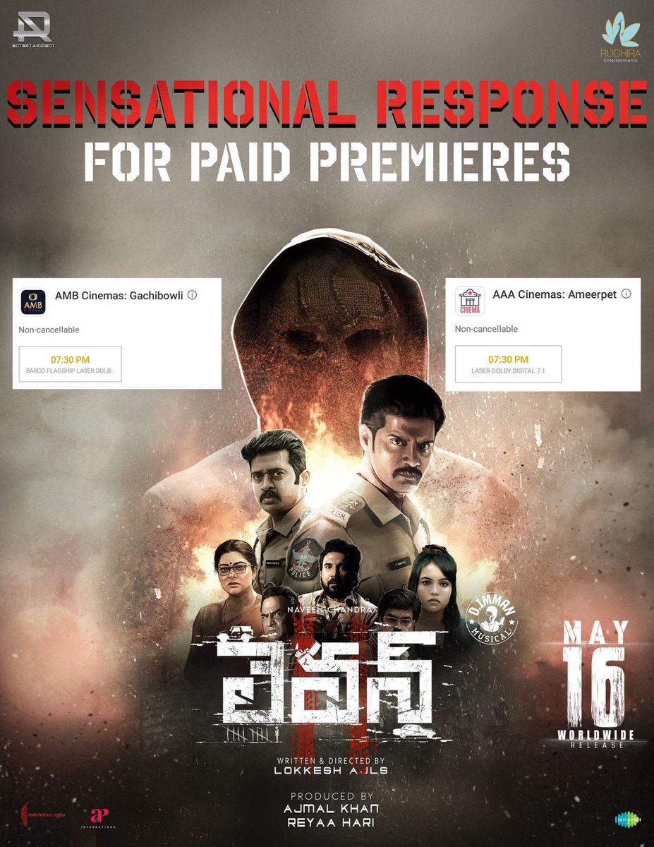 Haricharan Pudipeddi (@pudiharicharan) on Twitter photo Good response for #ElevenMovie paid premieres.
— linktr.ee/ElevenTicketss
#ElevenFromMay16
<a href="/Naveenc212/">Actor Naveen Chandra</a> <a href="/lokeshajls/">Lokkesh Ajls</a> <a href="/abhiramiact/">Abhirami</a> <a href="/Riythvika/">Riythvika✨</a> <a href="/ActorDileepan/">Dileepan</a> @actorshashank <a href="/immancomposer/">D.IMMAN</a> <a href="/tweetravivarma/">Ravi Varma</a> @kirrD <a href="/karthikisc/">KARTHIK DOP</a> <a href="/srikanth_nb/">EditorSrikanthNB</a> #AjmalKhan <a href="/actressReyaa/">Reyaa</a> <a href="/ARentertainoffl/">AR Entertainment</a> Good response for #ElevenMovie paid premieres.
— linktr.ee/ElevenTicketss
#ElevenFromMay16
<a href="/Naveenc212/">Actor Naveen Chandra</a> <a href="/lokeshajls/">Lokkesh Ajls</a> <a href="/abhiramiact/">Abhirami</a> <a href="/Riythvika/">Riythvika✨</a> <a href="/ActorDileepan/">Dileepan</a> @actorshashank <a href="/immancomposer/">D.IMMAN</a> <a href="/tweetravivarma/">Ravi Varma</a> @kirrD <a href="/karthikisc/">KARTHIK DOP</a> <a href="/srikanth_nb/">EditorSrikanthNB</a> #AjmalKhan <a href="/actressReyaa/">Reyaa</a> <a href="/ARentertainoffl/">AR Entertainment</a>