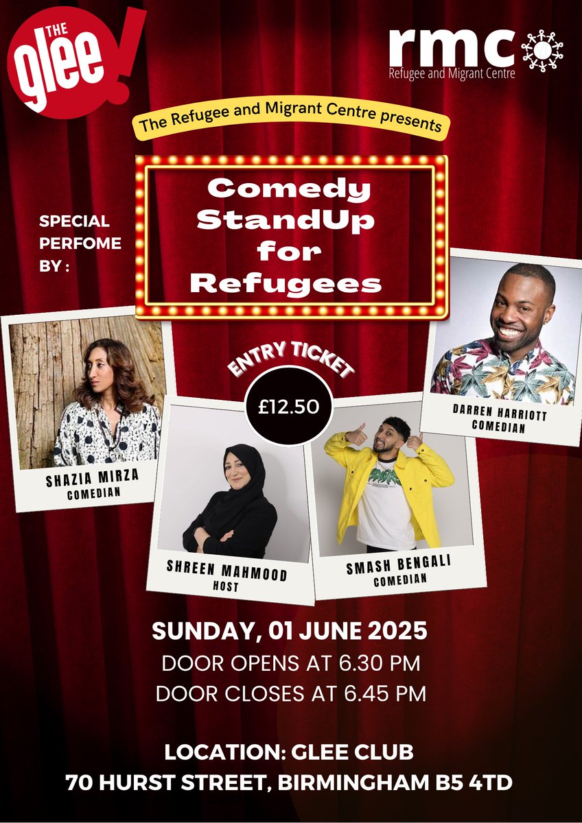 Join us for an incredible comedy night at the <a href="/GleeClubBham/">The Glee Club Birmingham</a> as part of Comedy Standup for Refugees!

With an amazing lineup of:
⭐ <a href="/shaziamirza1/">Shazia Mirza</a>
⭐ <a href="/SMASHBengali/">Hashu</a>
⭐ Darren Harriott
🎤 Hosted by the wonderful <a href="/ShreenMahmood/">Just Shreen</a>

Grab your tickets at: glee.co.uk/performer/r-m-…