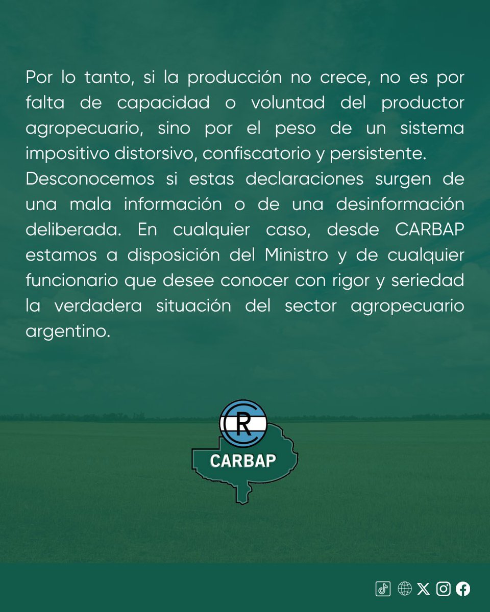 #ComunicadoCARBAP🟢 

Desde CARBAP rechazamos las declaraciones de Sturzenegger.

Decir que el campo no genera empleo y que los DEX no frenan la producción es desconocer la realidad del interior productivo.

⚠️El agro perdió más de 200.000 M USD por DEX. No por falta de voluntad,