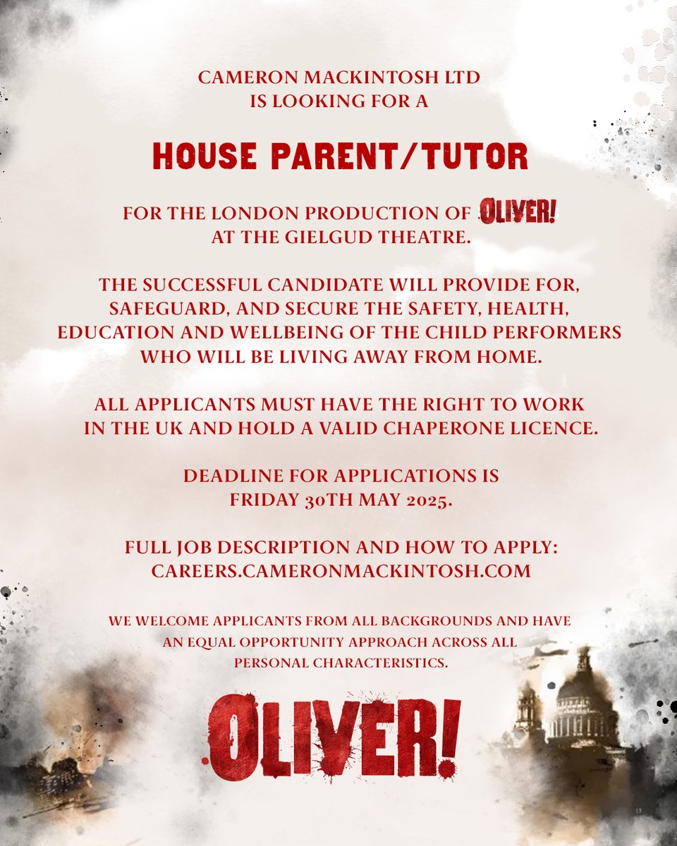 🚨🚨 JOB ALERT 🚨🚨

We are looking for a House Parent/Tutor to join the <a href="/OliverOnStage/">Oliver! The Musical</a> team.

All applicants must have the right to work in the UK and hold a valid chaperone licence.

For further information and to apply 👉 careers.cameronmackintosh.com