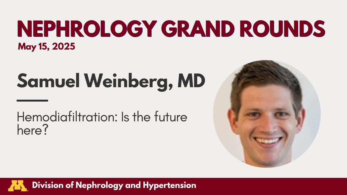Please join us tomorrow for Nephrology Grand Rounds! One of our fellows, Dr. Samuel Weinberg, will be presenting "Hemodiafiltration: Is the future here?".

📅 May 15, 2025
⏰ 8-9am
📍 717 Delaware, Room 105