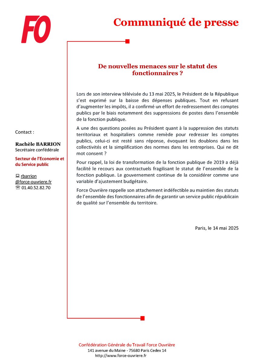 force_ouvriere's tweet image. [#Communiqué FO]

De nouvelles menaces sur le statut des #fonctionnaires ? 

Lors de son interview télévisée du 13 mai 2025, le Président de la République s’est exprimé sur la baisse des #dépensespubliques. 
&amp;gt;&amp;gt;force-ouvriere.fr/de-nouvelles-m…