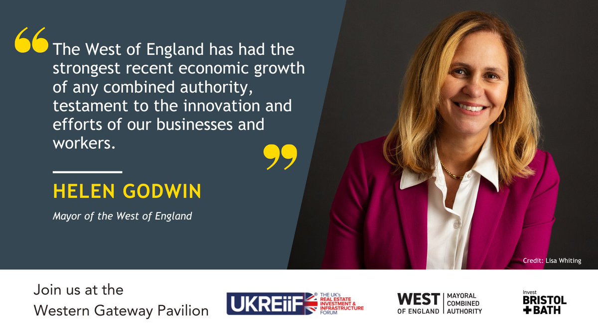🗣️“The West of England is primed for investment - with billions already secured.” 𝗛𝗲𝗹𝗲𝗻 𝗚𝗼𝗱𝘄𝗶𝗻, 𝗠𝗮𝘆𝗼𝗿 𝗼𝗳 𝘁𝗵𝗲 𝗪𝗲𝘀𝘁 𝗼𝗳 𝗘𝗻𝗴𝗹𝗮𝗻𝗱 (<a href="/WestofEnglandCA/">West of England Mayoral Combined Authority</a>)

We’re showcasing Bristol, Bath &amp; beyond next week at <a href="/UKREiiF/">UKREiiF</a>.

Learn more &gt; bristolandbath.co.uk/news/bristol-a…