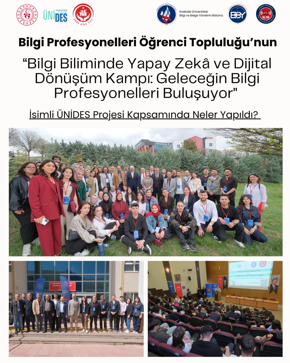 kku_bby's tweet photo. Bilgi Profesyonelleri Öğrenci Topluluğumuzun, ÜNİDES 3. Dönem Projesi kapsamında düzenlediği “Bilgi Biliminde Yapay Zekâ ve Dijital Dönüşüm Kampı” başarılı bir şekilde tamamlandı.
Katkı sunan değerli misafir hocalarımıza ve öğrenci katılımcılarımıza teşekkür ederiz. https://t.co/ZLXzsMy1fo