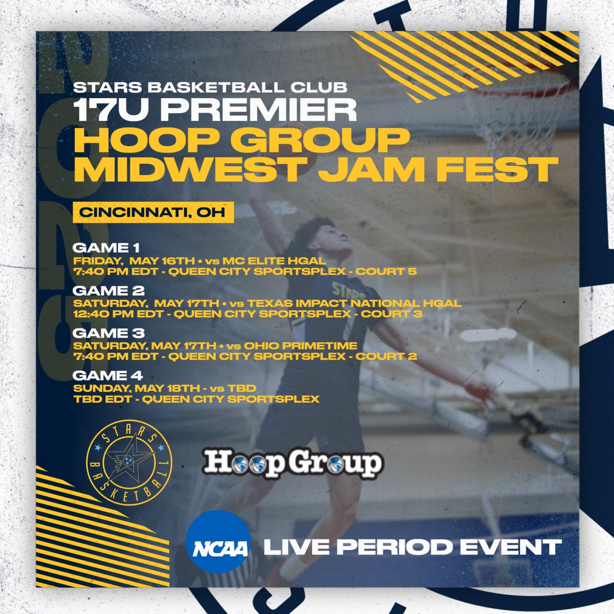 STARS Basketball-UA RISE & PREMIER Teams (15U-17U) (@starsnash_mbb) on Twitter photo The 17U (2026) Premier roster and schedule for this weekend! They’re traveling up to Cincinnati to play in the <a href="/TheHoopGroup/">Hoop Group</a> Midwest Jam Fest for the first NCAA Live Period of the season❗️⭐️ The 17U (2026) Premier roster and schedule for this weekend! They’re traveling up to Cincinnati to play in the <a href="/TheHoopGroup/">Hoop Group</a> Midwest Jam Fest for the first NCAA Live Period of the season❗️⭐️