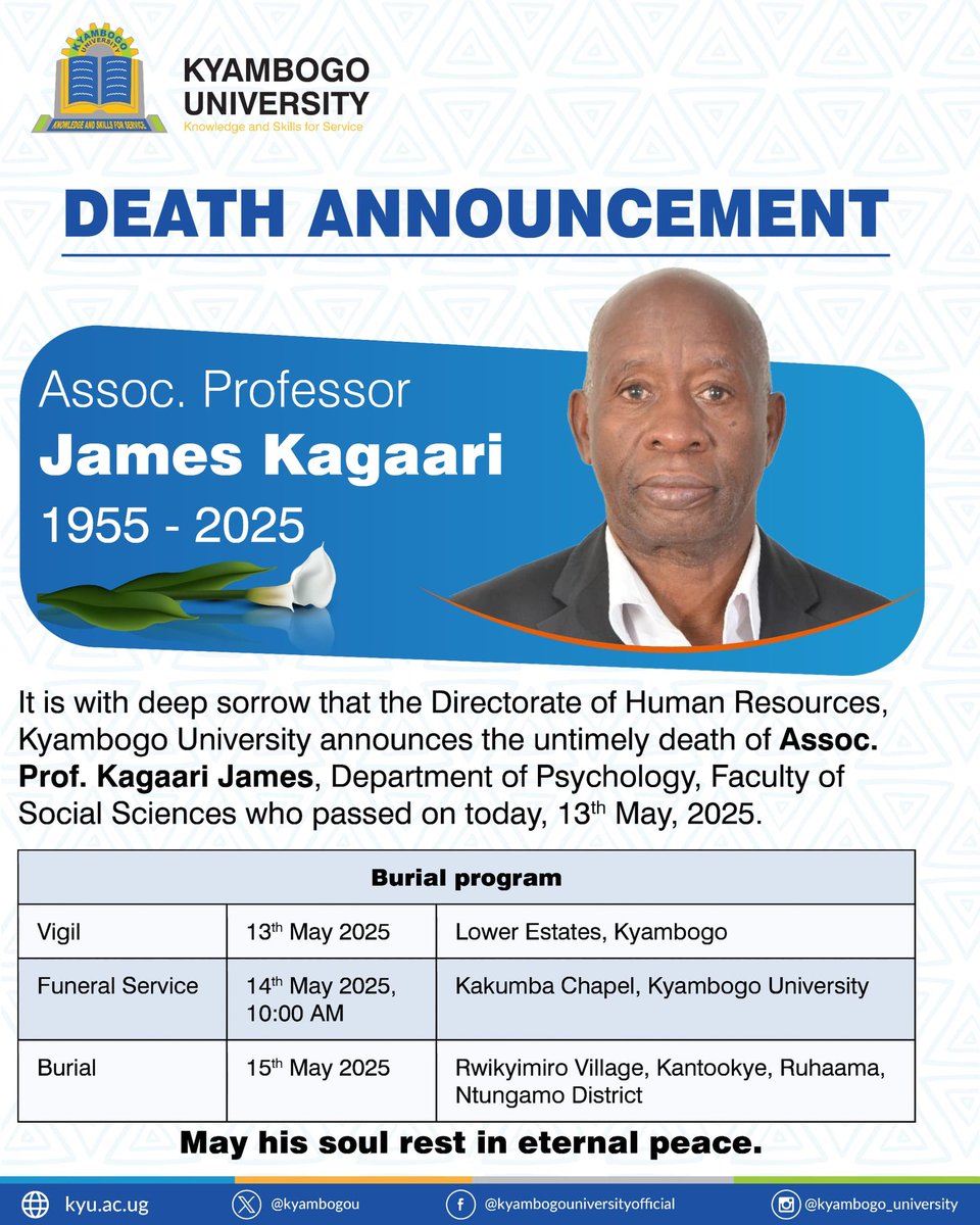 Uganda Counselling Association (UCA) (@counsellingug) on Twitter photo We join Kyambogo University to mourn the Death of Prof James Kagaari.
We appreciate his initiatives that led to the development of the scheme of service for counselors and clinical psychologists.
His contribution will definitely be remembered.
Fare thee well Prof.
<a href="/kyambogou/">KYAMBOGO UNIVERSITY</a> We join Kyambogo University to mourn the Death of Prof James Kagaari.
We appreciate his initiatives that led to the development of the scheme of service for counselors and clinical psychologists.
His contribution will definitely be remembered.
Fare thee well Prof.
<a href="/kyambogou/">KYAMBOGO UNIVERSITY</a>