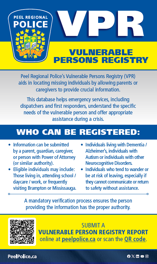 PRP - Community Safety & Well-Being (@prpcswb) on Twitter photo Peel Regional Police has a Vulnerable Persons Registry to help locate missing people. Families can share key info to assist first responders in a crisis. #PoliceWeek2025 <a href="/PeelPolice/">Peel Regional Police</a> <a href="/Dhillon2381/">Superintendent Harry Dhillon</a> Peel Regional Police has a Vulnerable Persons Registry to help locate missing people. Families can share key info to assist first responders in a crisis. #PoliceWeek2025 <a href="/PeelPolice/">Peel Regional Police</a> <a href="/Dhillon2381/">Superintendent Harry Dhillon</a>