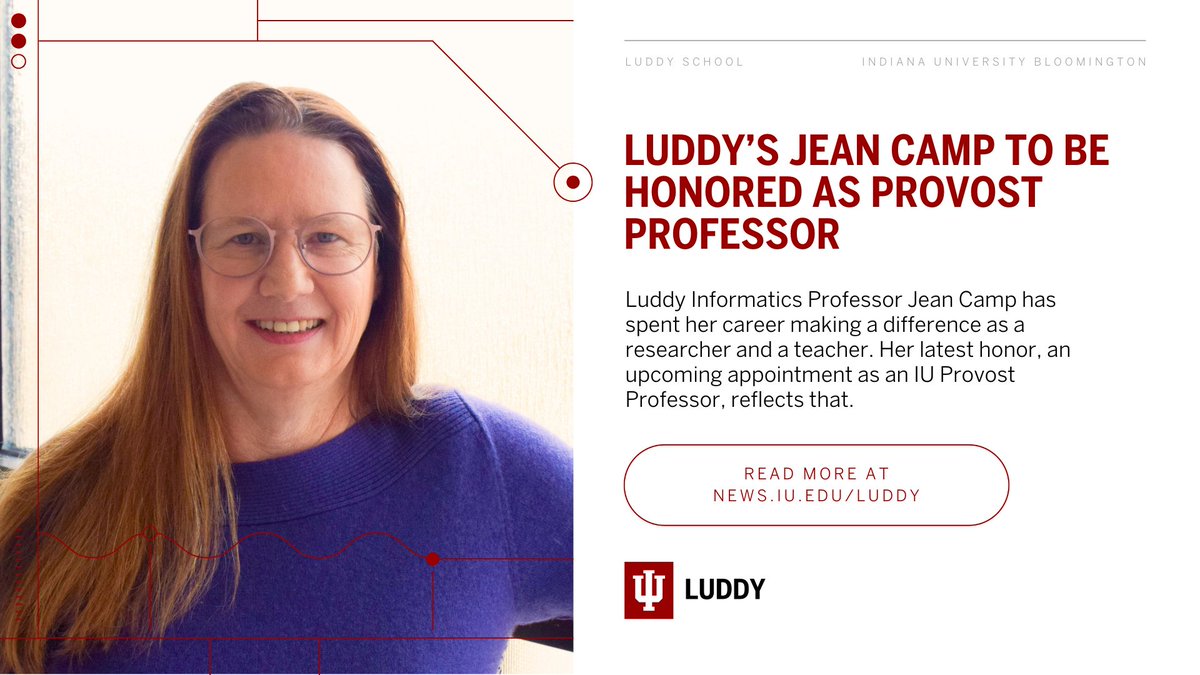 Jean Camp, professor of Informatics and director of the Center for Security and Privacy in Informatics, Computing, and Engineering at the Luddy School, has been recommended for an appointment as a Provost Professor. 🔗 go.iu.edu/8tmQ