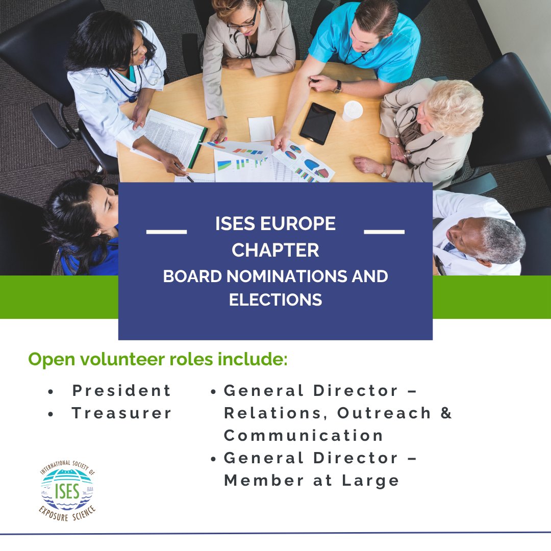 International Society of Exposure Science (@isexposuresci) on Twitter photo ISES Europe is accepting nominations for Board positions!
Open roles: President, Treasurer, and two General Directors.
Deadline for nominations: May 30
Interested in applying? Email contact@intlexposurescience.org for more info.
#ISESEurope #CallForNominations ISES Europe is accepting nominations for Board positions!
Open roles: President, Treasurer, and two General Directors.
Deadline for nominations: May 30
Interested in applying? Email contact@intlexposurescience.org for more info.
#ISESEurope #CallForNominations