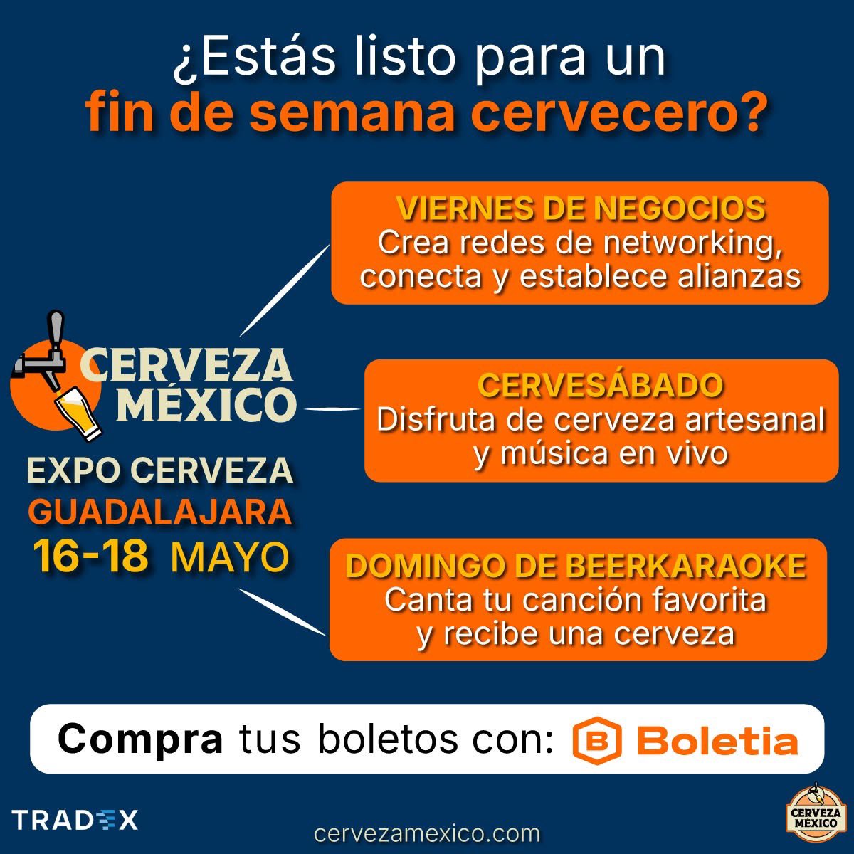 ¡Ya se armó plan para tu fin de semana! 🍻Expo Cerveza Guadalajara 2025 del 16 al 18 de mayo. Cada día estará cargado de actividades increíbles.📍

📲Compra tus entradas en Boletia y prepárate para vivir un fin de semana épico: …-cerveza-guadalajara-2025.boletia.com