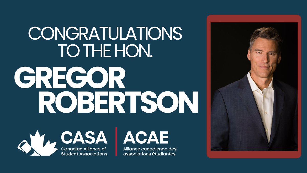CASA | ACAE (@casaacae) on Twitter photo Congratulations to the Hon. <a href="/gregorrobertson/">Gregor Robertson</a> as he enters cabinet as Minister of Housing and Infrastructure. CASA looks forward to continued conversations about housing affordability for students 🏠. #cdnpoli Congratulations to the Hon. <a href="/gregorrobertson/">Gregor Robertson</a> as he enters cabinet as Minister of Housing and Infrastructure. CASA looks forward to continued conversations about housing affordability for students 🏠. #cdnpoli