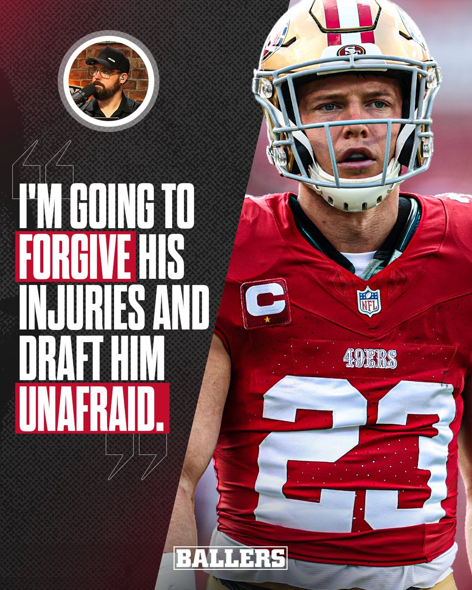 TheFFBallers's tweet photo. Are you IN or OUT on CMC this year? 🤔 

WHEN he is healthy he is one of the most valuable fantasy assets you can have. 

But he carries a significant injury risk that could light your 1st round pick on fire. https://t.co/ydPA1WJ06m
