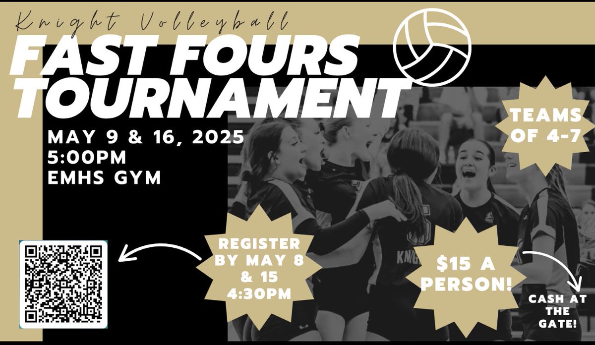 Eagle Mountain High School Volleyball (@emhs_knightvb) on Twitter photo Fast Fours #1 was a HUGE success. Now we need to get the word out for session #2!!!!! Please use the QR code to register your team for this Friday, May 16th at 5:00pm! 🖤💛🖤💛🖤 <a href="/emsisdathletics/">EMS ISD Athletics</a> Fast Fours #1 was a HUGE success. Now we need to get the word out for session #2!!!!! Please use the QR code to register your team for this Friday, May 16th at 5:00pm! 🖤💛🖤💛🖤 <a href="/emsisdathletics/">EMS ISD Athletics</a>