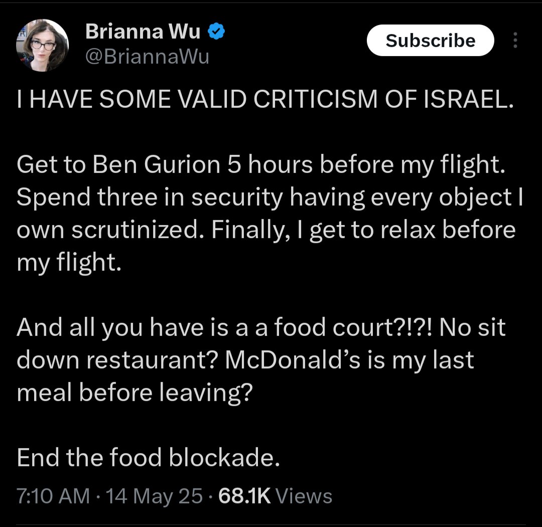 Ismail (Ish) Aderonmu (@legalishca) on Twitter photo “‘End the food blockade,’ says <a href="/BriannaWu/">Brianna Wu</a> — not about Gaza, where Israel is deliberately starving babies, but about airport snacks after her all-expenses-paid propaganda tour for a genocidal apartheid state.
This is who they send to whitewash famine. Revolting. “‘End the food blockade,’ says <a href="/BriannaWu/">Brianna Wu</a> — not about Gaza, where Israel is deliberately starving babies, but about airport snacks after her all-expenses-paid propaganda tour for a genocidal apartheid state.
This is who they send to whitewash famine. Revolting.