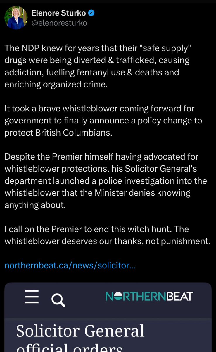 vancolour's tweet image. If Elenore Sturko actually cared about the whistleblower, she would have — as a *responsible* elected official — supported them to follow the steps of the Public Interest Disclosure Act which would have guaranteed the whistleblower protection from reprisal.

Toxic politics here👇