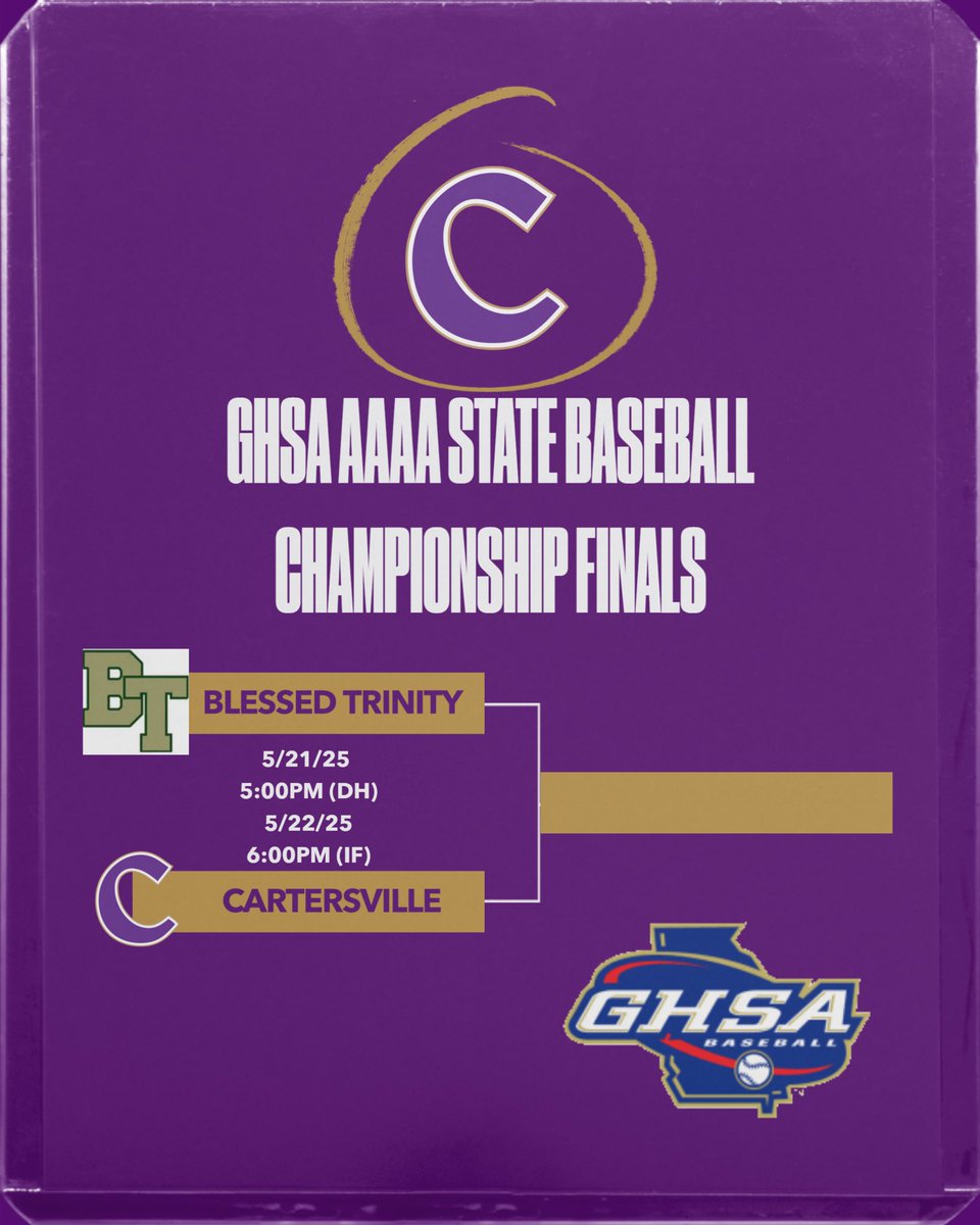 Cartersville will take on Blessed Trinity in the Finals of the GHSA AAAA Baseball Championship Wednesday, May 21, at 5:00PM (DH). The “If” game is scheduled for Thursday, May 22 at 6:00PM. The series will be contested at Coolray Field in Lawrenceville, GA.