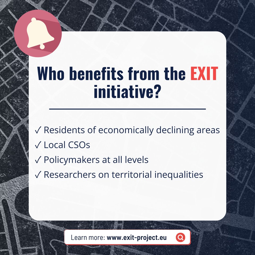 exit_projecteu's tweet image. 𝐖𝐡𝐨 𝐢𝐬 𝐄𝐗𝐈𝐓 𝐟𝐨𝐫?

↪️ From residents in declining regions to researchers and policymakers shaping the future of cohesion, we bring voices together to tackle territorial inequalities across #Europe.

Follow us for updates and insights!

#HorizonEurope @REA_research #EU