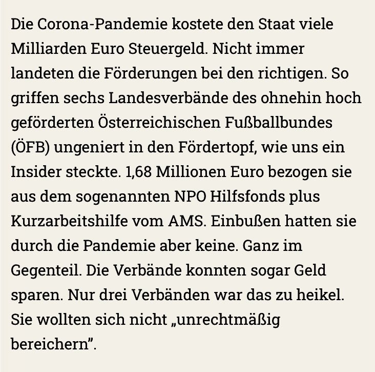 Bislang dachte man, unfähige Funktionäre wären das größte Problem des <a href="/oefb1904/">ÖFB - oefb.at</a>. Jetzt stellt sich heraus, dass sich 6 Präsidenten offenbar ungerechtfertigt am Corona-Fördertopf bedienten. Alle aus den Bundesländern, die zuletzt Ralf Rangnick kritisiert hatten. Quelle: <a href="/falter_at/">@falter_at</a>