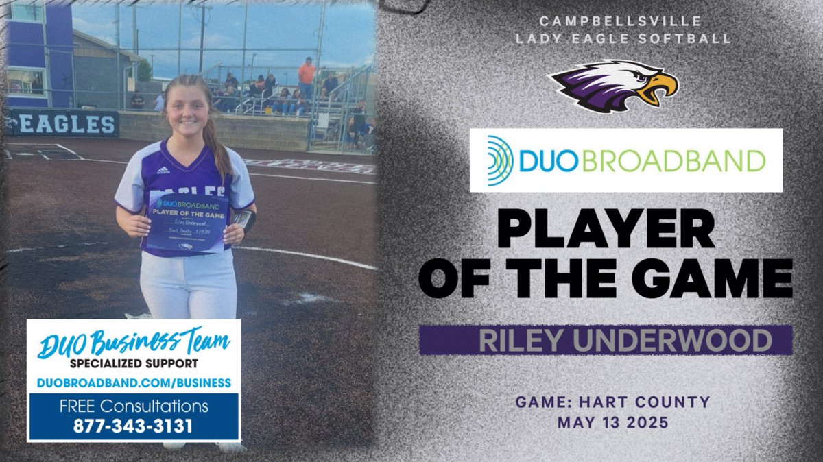 Congratulations to Riley Underwood for being selected as the DUO Broadband Player of the Game.  In the Lady Eagles 3-1 win over Hart County last night, Riley pitched a complete game and gave up only 3 hits and 1 run while striking out 5.