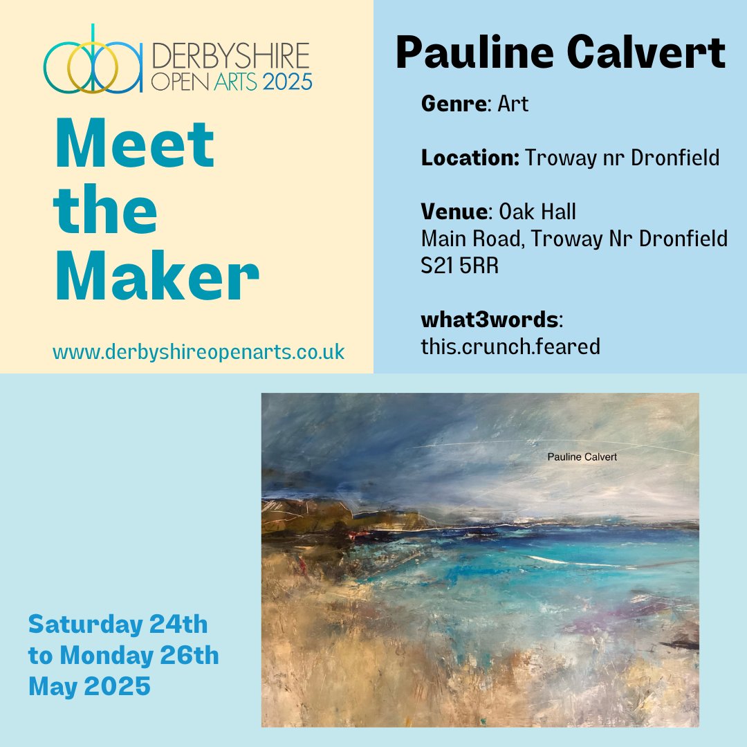 Meet the Maker: Pauline Calvert
“I work mainly in acrylic and mixed media taking inspiration from the local landscape and holidays. I like colour and texture to create semi abstract work.”
Find out more: derbyshireopenarts.co.uk